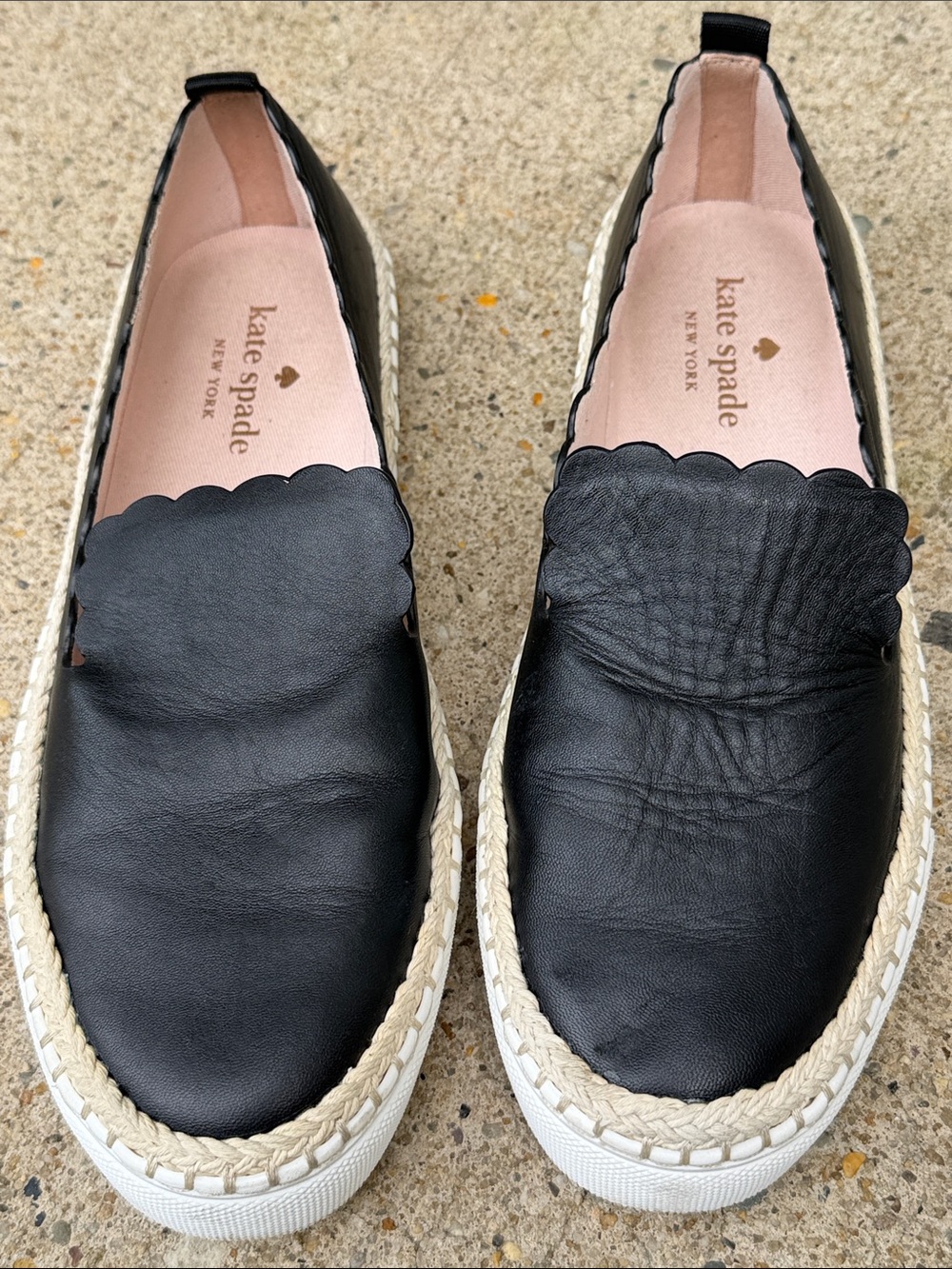 kate spade Black Leather Scalloped Espadrille Slip-Ons with Pink Insole